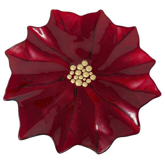 Vintage Pier 1 Poinsettia Glass Platter Red Gold Holiday Serving Platter 14.5” D - Picture 2 of 4